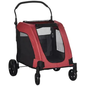 PawHut Dog Stroller for Medium and Large Dogs, 4 Wheels Folding Pet Cat Stroller with Universal Wheels, Storage Basket, Safety Leash, Red