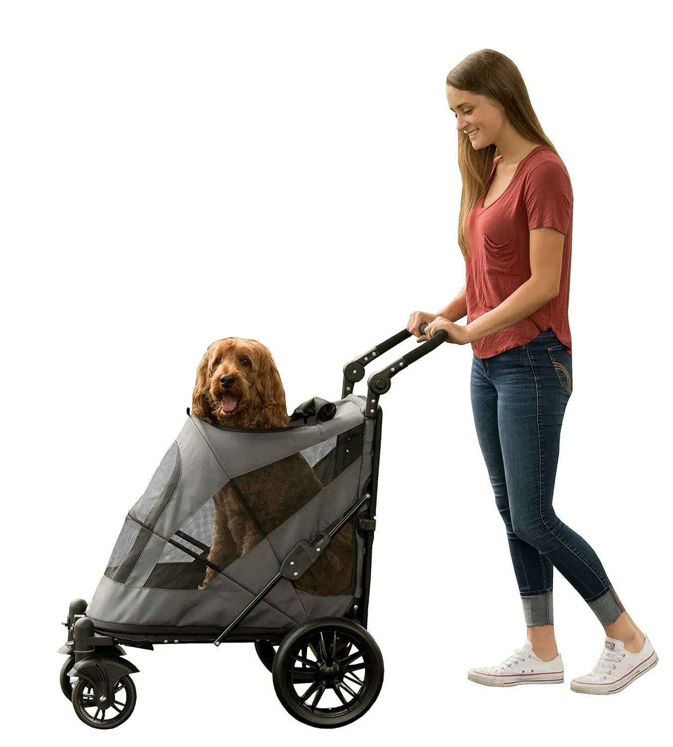 Pet Gear NO-Zip Pet Stroller with Dual Entry, Push Button Zipperless Entry for Single or Multiple Dogs/Cats, Pet Can Easily Walk in/Out, No Need to Lift Pet, Gel-Filled Tires, Pebble