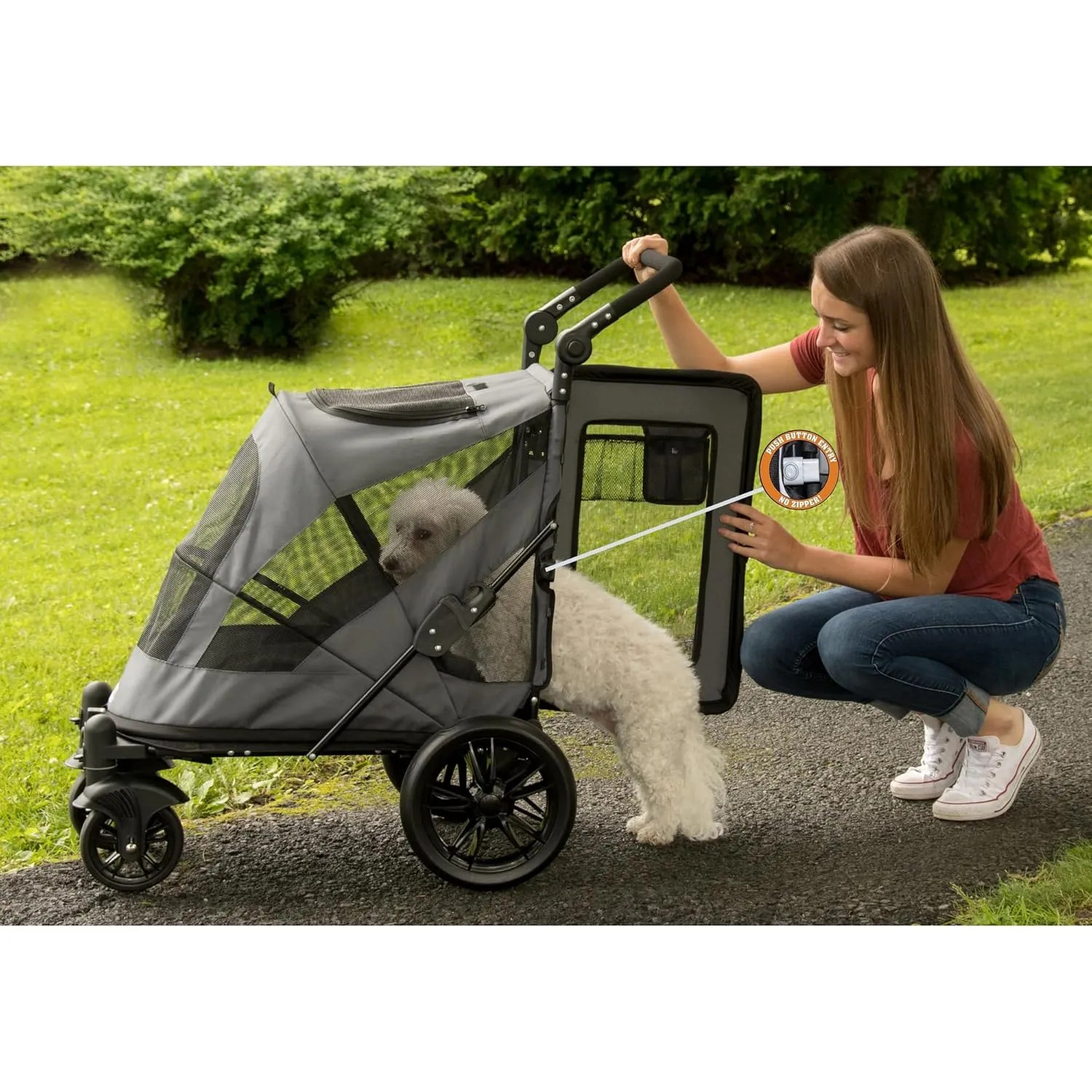 Pet Gear NO-Zip Pet Stroller with Dual Entry, Push Button Zipperless Entry for Single or Multiple Dogs/Cats, Pet Can Easily Walk in/Out, No Need to Lift Pet, Gel-Filled Tires, Pebble