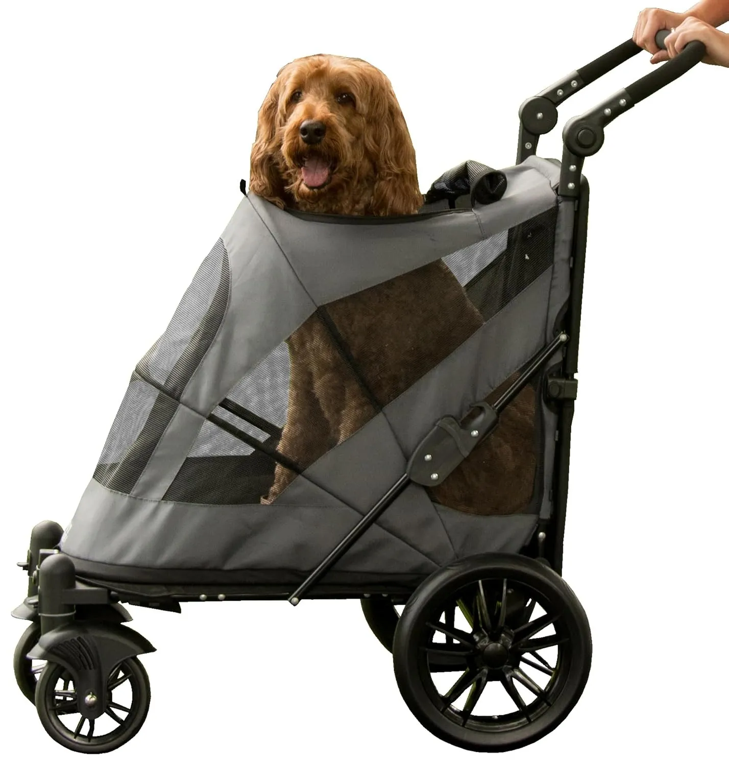 Pet Gear NO-Zip Pet Stroller with Dual Entry, Push Button Zipperless Entry for Single or Multiple Dogs/Cats, Pet Can Easily Walk in/Out, No Need to Lift Pet, Gel-Filled Tires, Pebble
