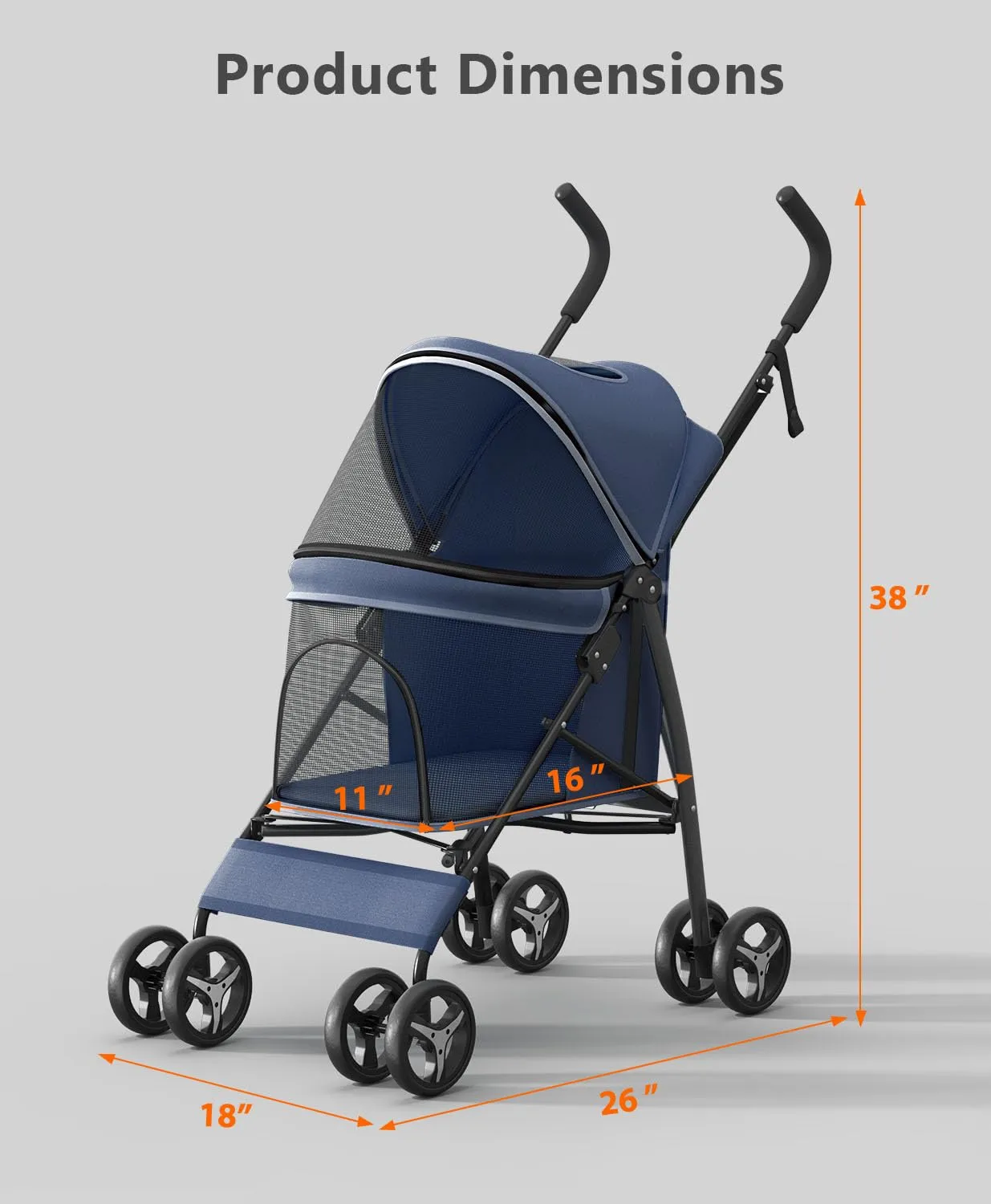Pet Stroller with 4 Wheels for Small/Medium Pets, Portable Travel Foldable Carrier Jogger for Dog Cat Puppy Kitty, Rear Wheel Breaks, Storage Basket, Visible Mesh Weather Cover (Navy Blue)