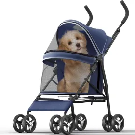 Pet Stroller with 4 Wheels for Small/Medium Pets, Portable Travel Foldable Carrier Jogger for Dog Cat Puppy Kitty, Rear Wheel Breaks, Storage Basket, Visible Mesh Weather Cover (Navy Blue)