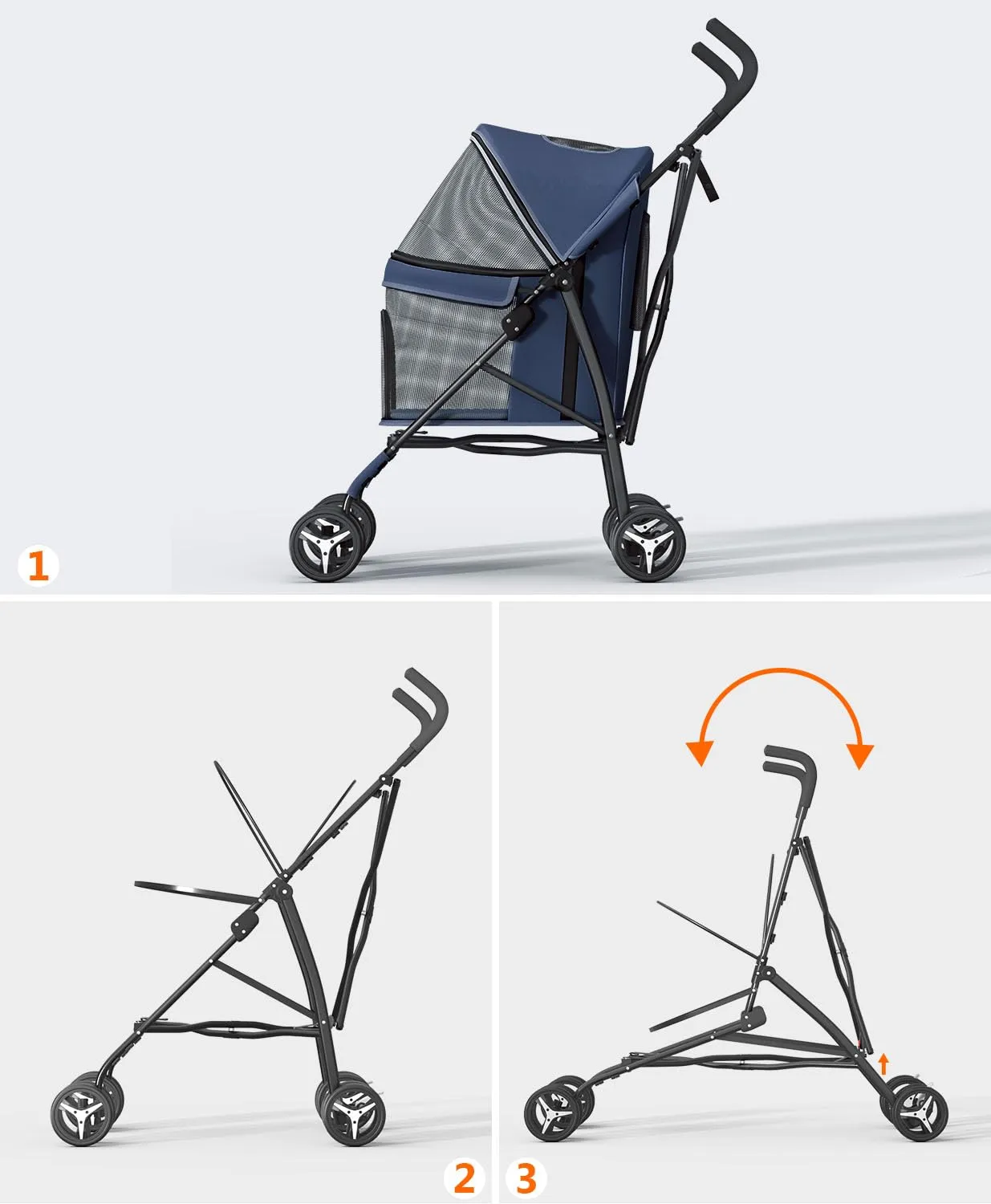 Pet Stroller with 4 Wheels for Small/Medium Pets, Portable Travel Foldable Carrier Jogger for Dog Cat Puppy Kitty, Rear Wheel Breaks, Storage Basket, Visible Mesh Weather Cover (Navy Blue)
