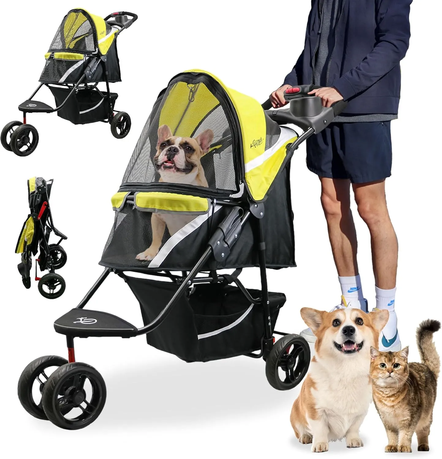 Petique Revolutionary Durable Pet Stroller, Easy Fold, Quality mesh Windows, Large Storage Basket, Secure Cup Holder Tray, Small/Medium Dogs, Cats and Pets, Supports up to 55LBS - Sunshine (Yellow)