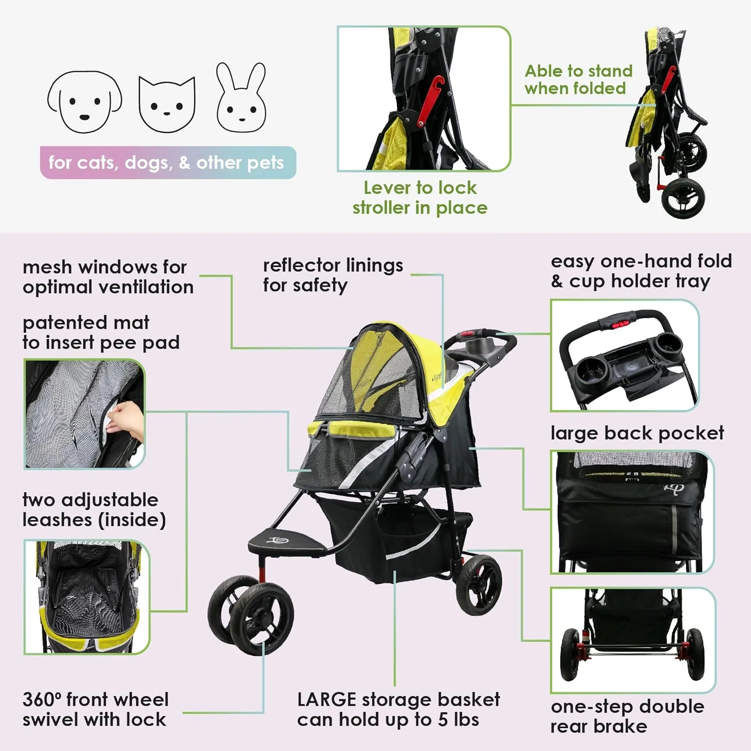 Petique Revolutionary Durable Pet Stroller, Easy Fold, Quality mesh Windows, Large Storage Basket, Secure Cup Holder Tray, Small/Medium Dogs, Cats and Pets, Supports up to 55LBS - Sunshine (Yellow)