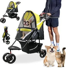 Petique Revolutionary Durable Pet Stroller, Easy Fold, Quality mesh Windows, Large Storage Basket, Secure Cup Holder Tray, Small/Medium Dogs, Cats and Pets, Supports up to 55LBS - Sunshine (Yellow)