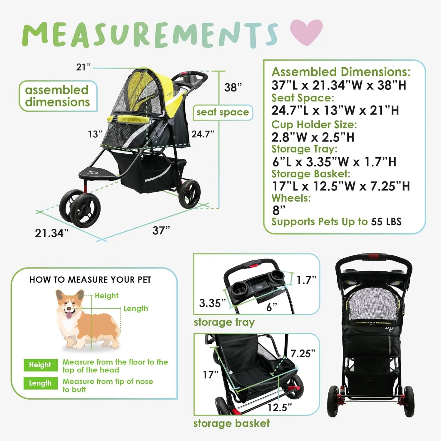 Petique Revolutionary Durable Pet Stroller, Easy Fold, Quality mesh Windows, Large Storage Basket, Secure Cup Holder Tray, Small/Medium Dogs, Cats and Pets, Supports up to 55LBS - Sunshine (Yellow)