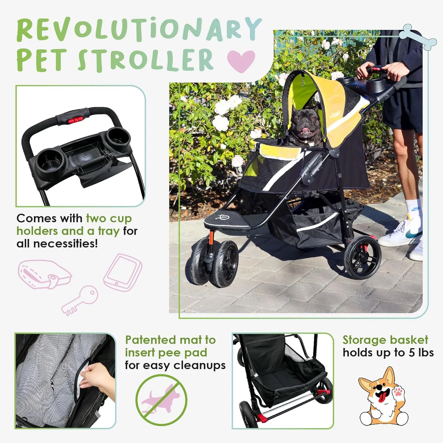 Petique Revolutionary Durable Pet Stroller, Easy Fold, Quality mesh Windows, Large Storage Basket, Secure Cup Holder Tray, Small/Medium Dogs, Cats and Pets, Supports up to 55LBS - Sunshine (Yellow)