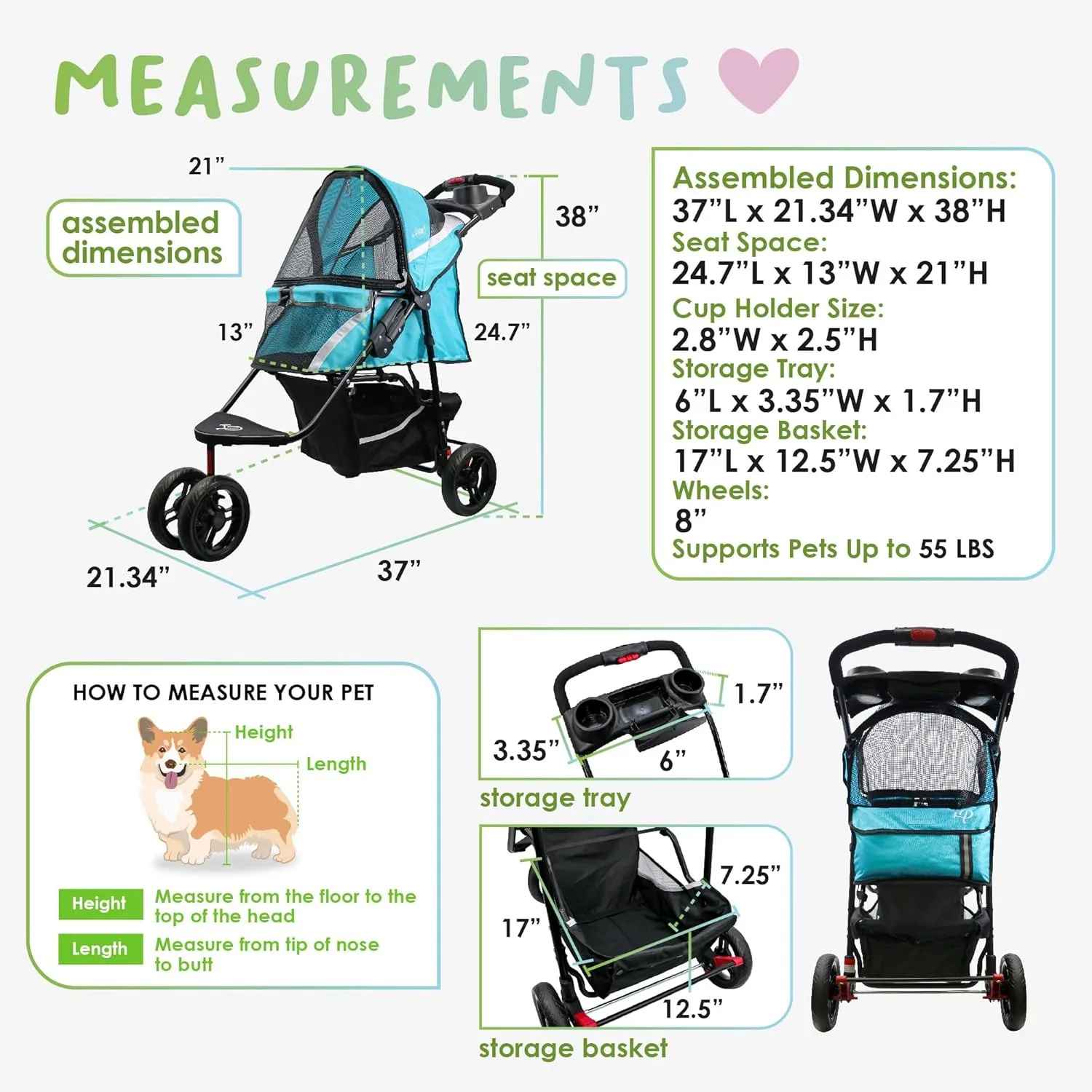 Petique Revolutionary Durable Pet Stroller, Easy Fold, Quality mesh Windows, Large Storage Basket, Secure Cup Holder Tray, Small/Medium Dogs, Cats and Pets, Supports up to 55LBS - Venus (Teal)