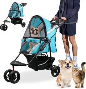 Petique Revolutionary Durable Pet Stroller, Easy Fold, Quality mesh Windows, Large Storage Basket, Secure Cup Holder Tray, Small/Medium Dogs, Cats and Pets, Supports up to 55LBS - Venus (Teal)