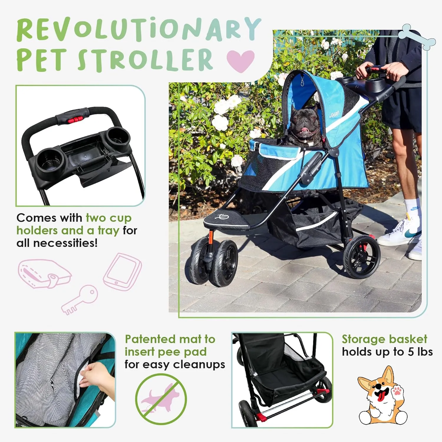 Petique Revolutionary Durable Pet Stroller, Easy Fold, Quality mesh Windows, Large Storage Basket, Secure Cup Holder Tray, Small/Medium Dogs, Cats and Pets, Supports up to 55LBS - Venus (Teal)