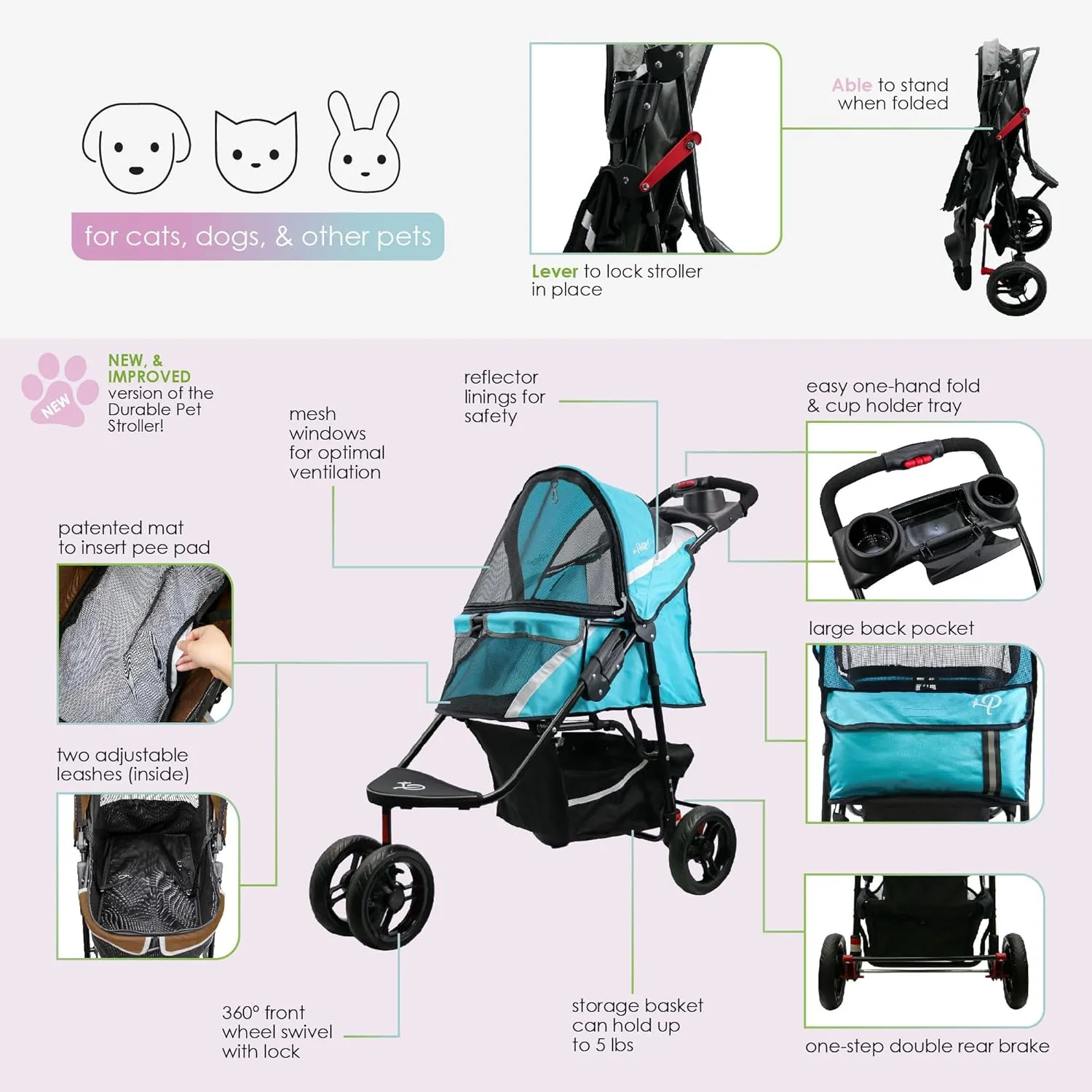 Petique Revolutionary Durable Pet Stroller, Easy Fold, Quality mesh Windows, Large Storage Basket, Secure Cup Holder Tray, Small/Medium Dogs, Cats and Pets, Supports up to 55LBS - Venus (Teal)