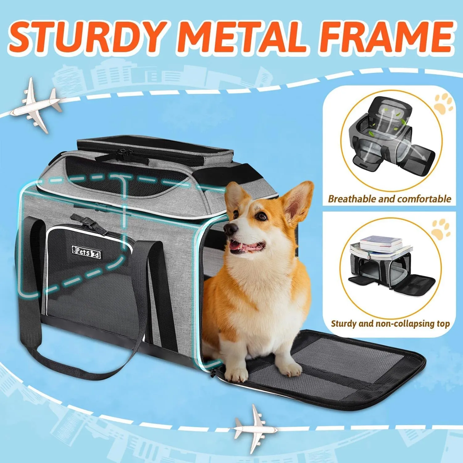 Petskd Top-Expandable Pet Carrier 18x13x9.5 Inches Southwest Airline Approved, Soft-Sided Carrier for Small Cats and Dogs with Locking Safety Zippers and Anti-Scratch Mesh(Grey)