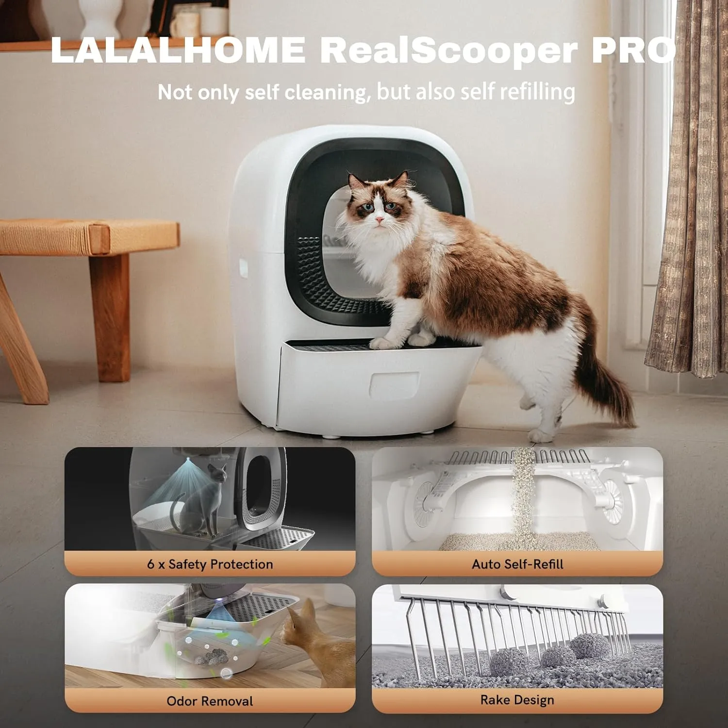 RealScooper Pro Automatic Litter Refill Self-Cleaning Cat Litter Box AI Self-Refilling Robot with Auto Scoop, 5G WiFi Phone App Control, Anti-Pinch Sensors, Space-Saving/Max Capacity 80L
