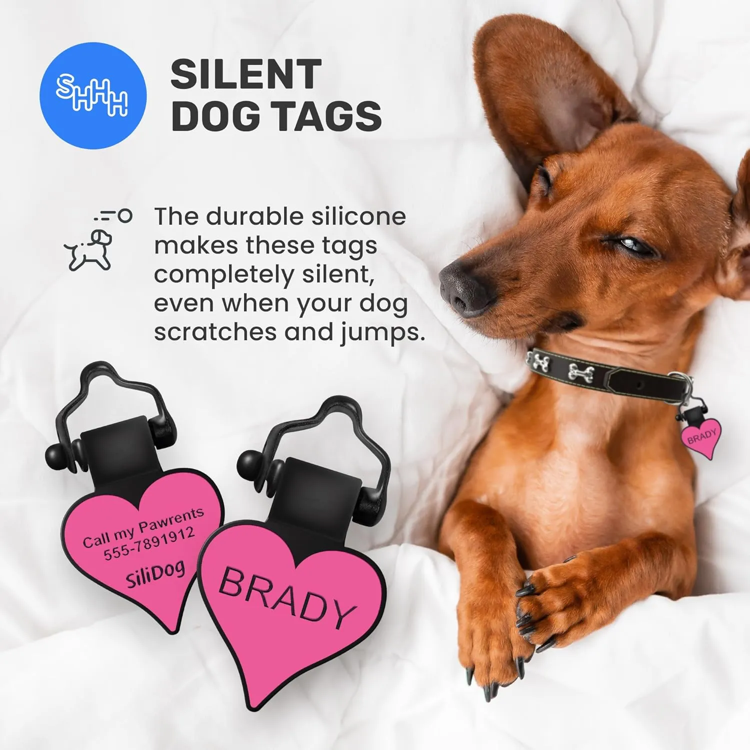 SiliDog - The Original Silicone Silent Dog Tag - Personalized Engraved Soundless Pet ID - As Seen On Shark Tank - Durable - Never Fades - Heart - Pink