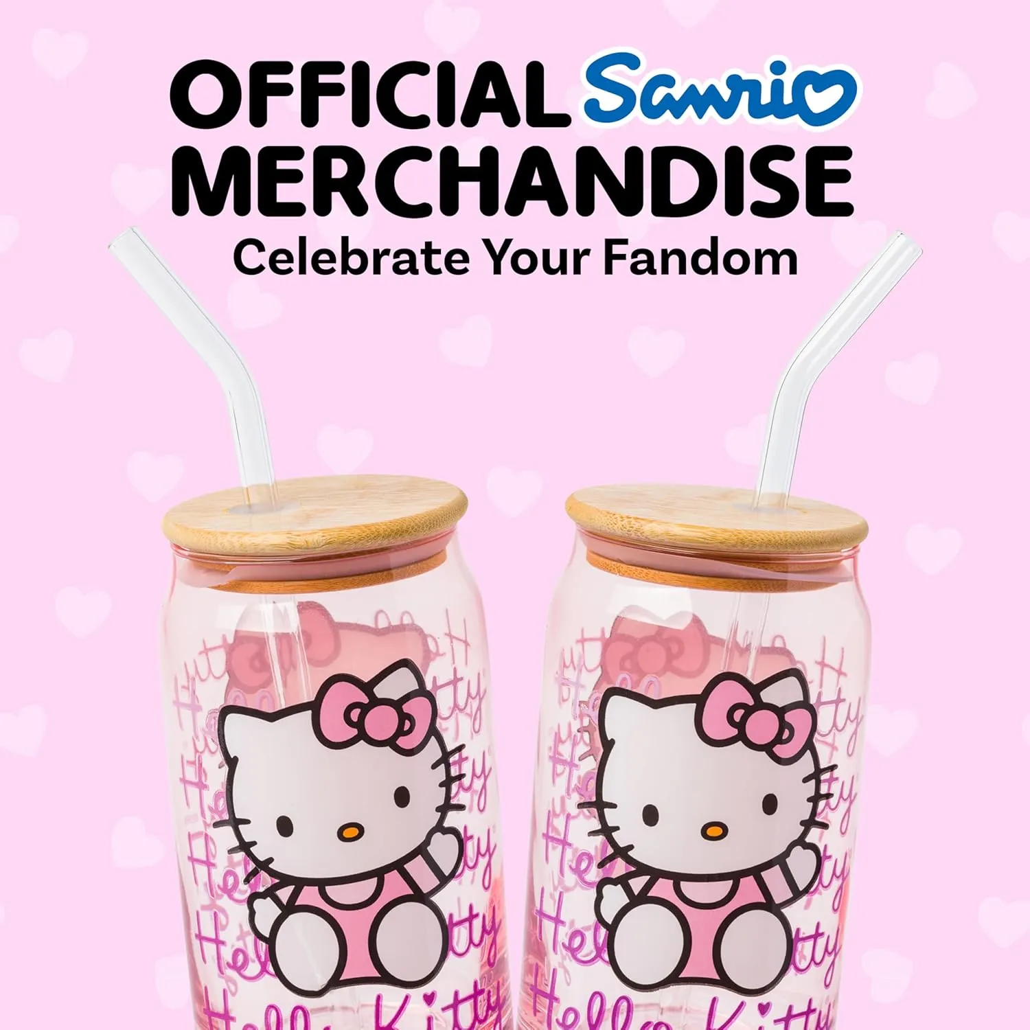 Silver Buffalo Sanrio Hello Kitty Waving Pink Glass Jar Tumbler with Bamboo Lid and Glass Straw, 16 Ounces
