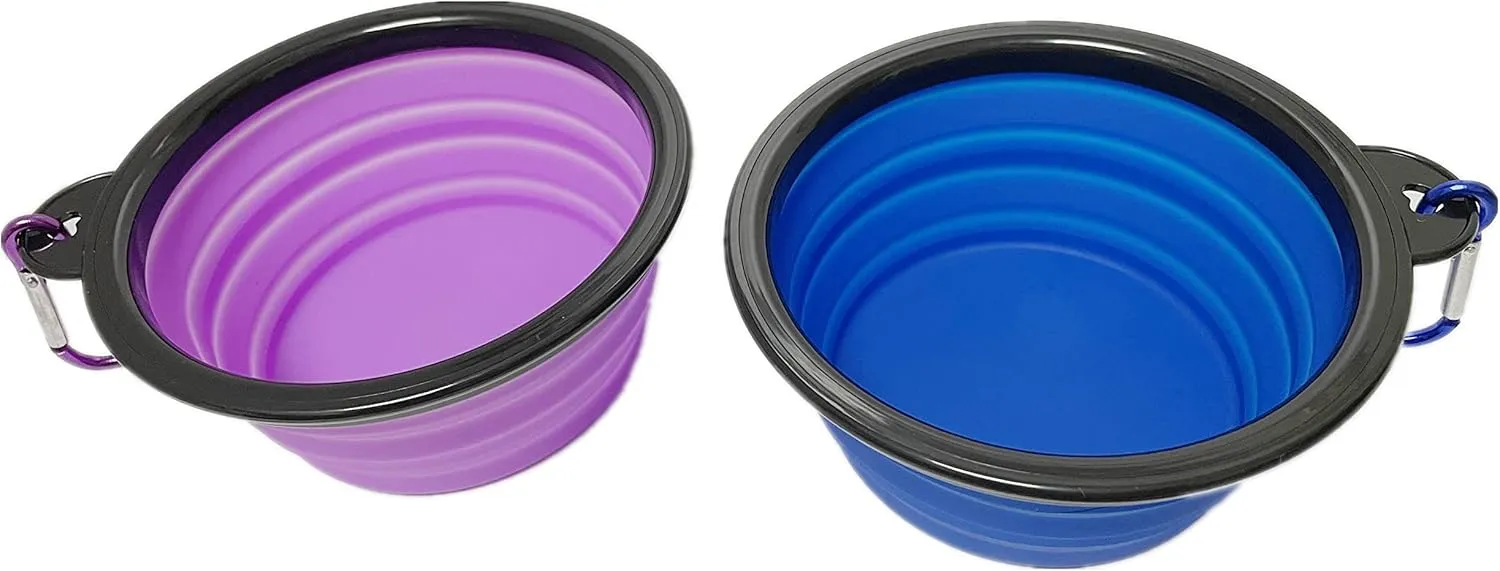 Small Portable Collapsible Pet Bowl, Foldable Food & Water Dish for Dogs & Cats, Ideal for Travel, Hiking, Camping & Outdoor Activities (Purple   Dark blue) 2 Pack with 2 Carabiners, BPA Free