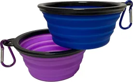 Small Portable Collapsible Pet Bowl, Foldable Food & Water Dish for Dogs & Cats, Ideal for Travel, Hiking, Camping & Outdoor Activities (Purple   Dark blue) 2 Pack with 2 Carabiners, BPA Free