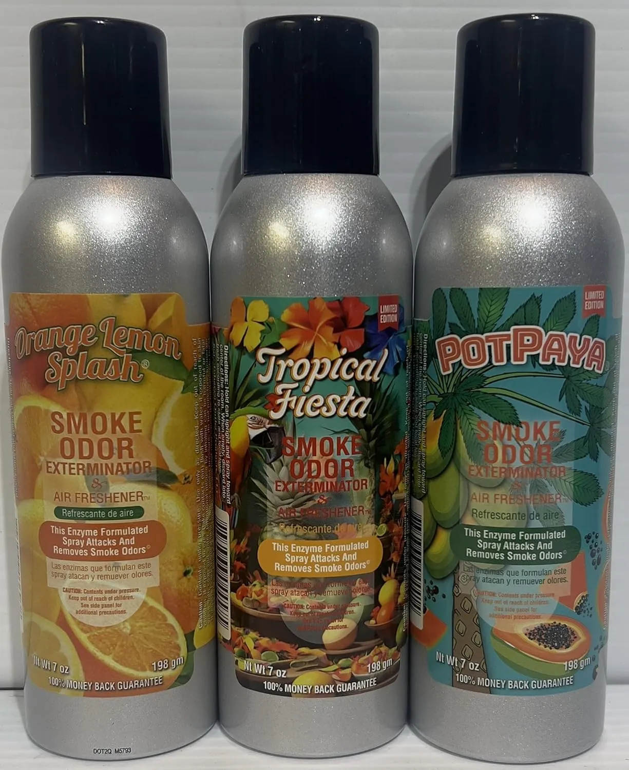 Smoke Odor Exterminator 198 gm/ 7 oz Large Spray Orange Lemon Splash Set of Three Cans.Includes Orange Lemon Splash, Tropical Fiesta & Potpaya.