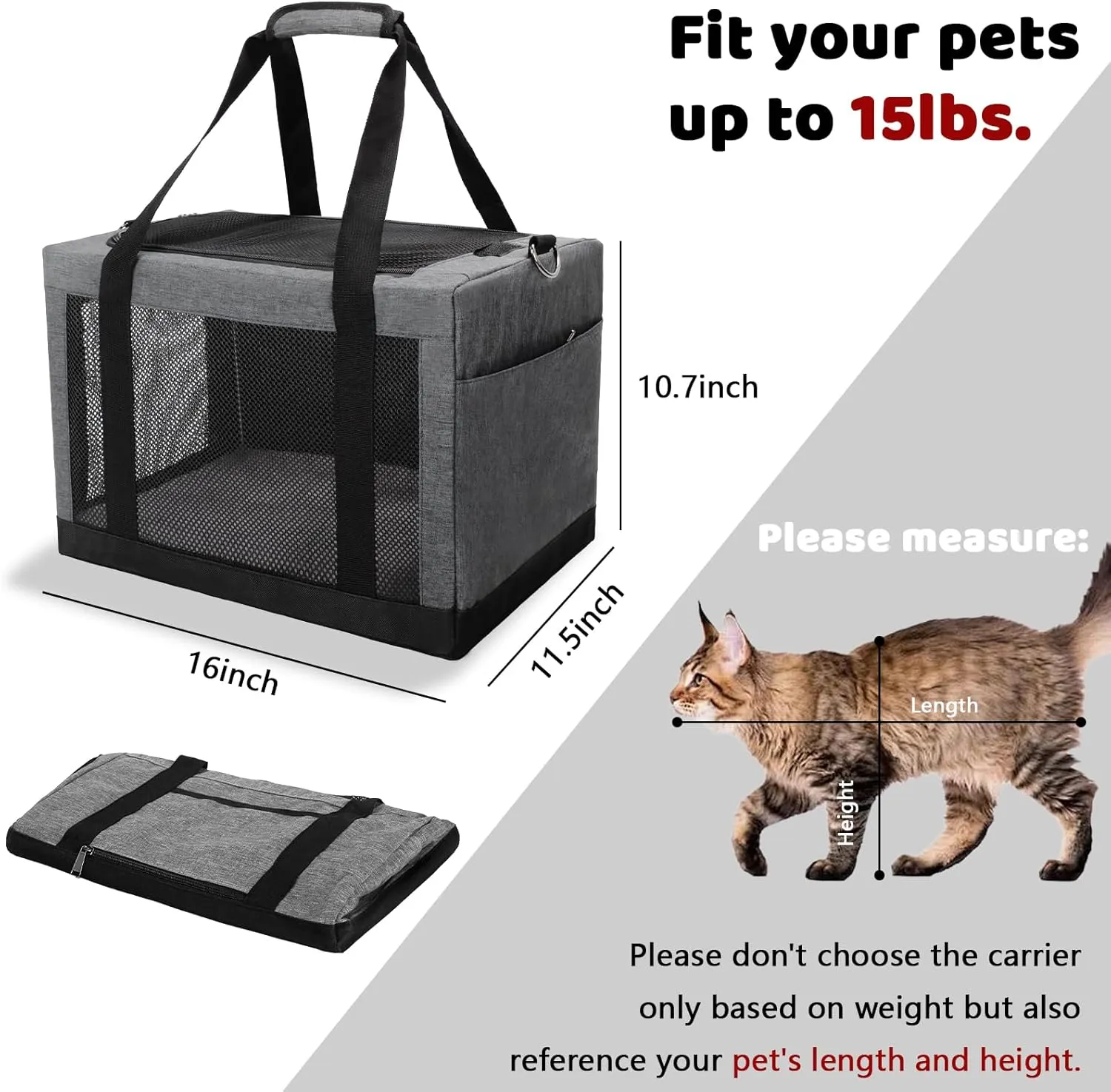 Soft Side Pet Carrier Bag with Shoulder Strap, Breathable Collapsible Mesh Cat Carrier for Cats and Dogs, TSA Airline Approved Travel Pet Carriers