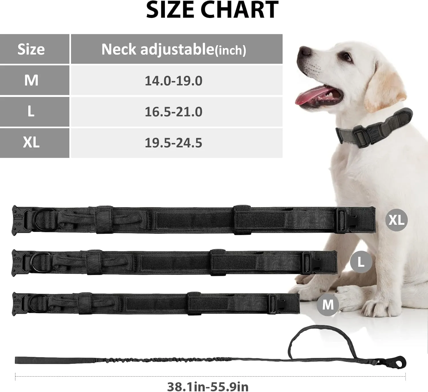 Tactical Dog Collar and Leash Set Adjustable Nylon Military Dog Collar with Control Handle Heavy Duty Metal Buckle and Bungee Leash for Dog Training (Medium, Black)