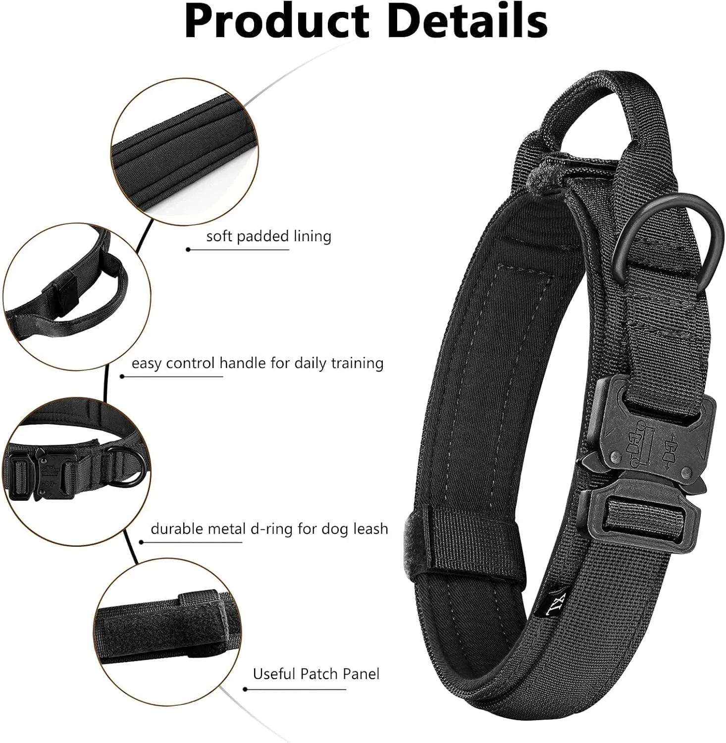 Tactical Dog Collar and Leash Set Adjustable Nylon Military Dog Collar with Control Handle Heavy Duty Metal Buckle and Bungee Leash for Dog Training (Medium, Black)