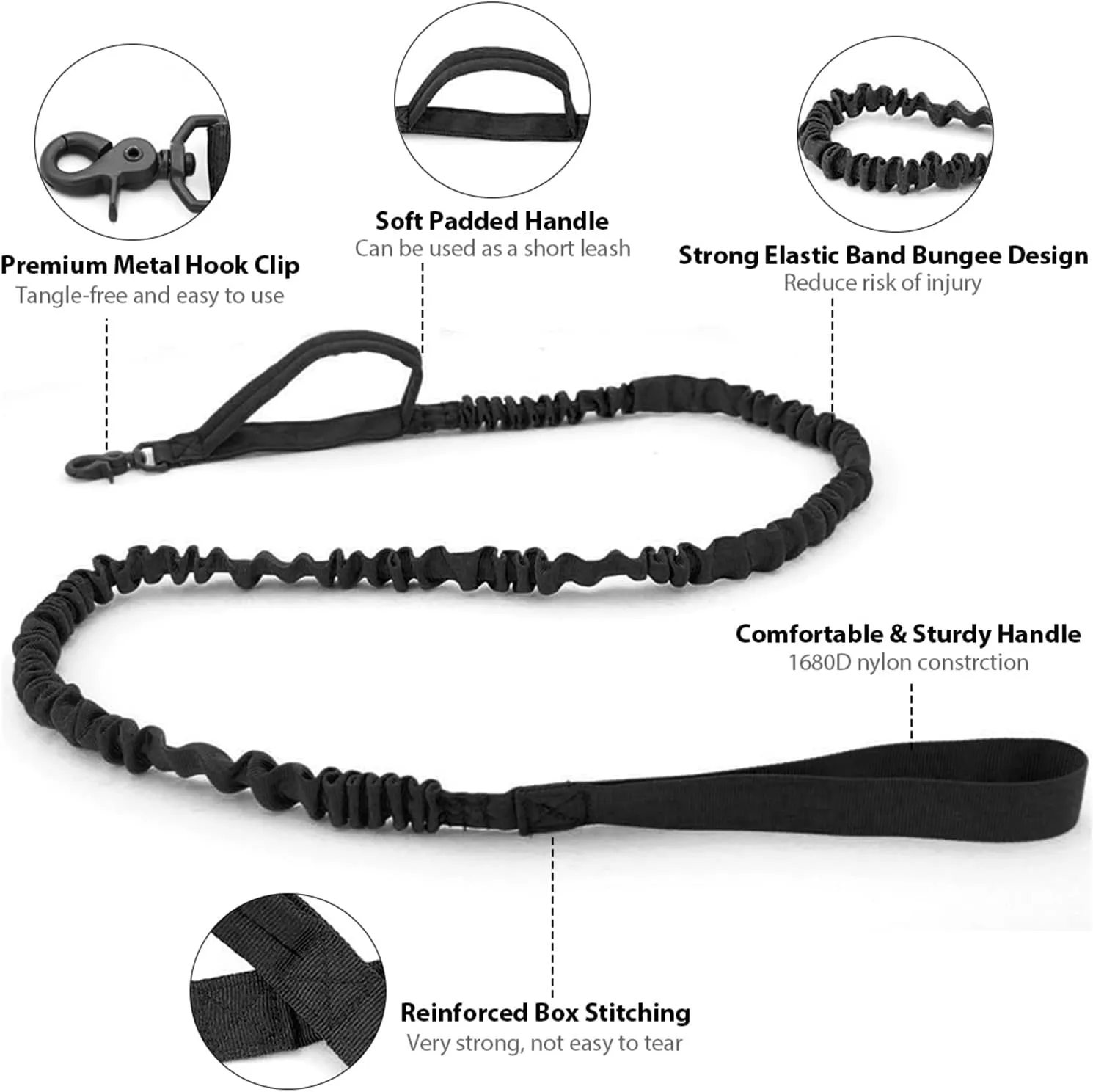 Tactical Dog Collar and Leash Set Adjustable Nylon Military Dog Collar with Control Handle Heavy Duty Metal Buckle and Bungee Leash for Dog Training (Medium, Black)