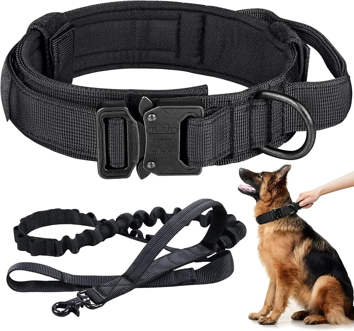 Tactical Dog Collar and Leash Set Adjustable Nylon Military Dog Collar with Control Handle Heavy Duty Metal Buckle and Bungee Leash for Dog Training (Medium, Black)
