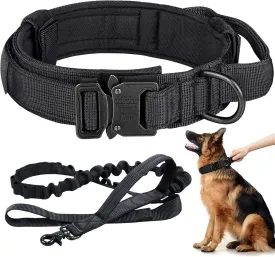 Tactical Dog Collar and Leash Set Adjustable Nylon Military Dog Collar with Control Handle Heavy Duty Metal Buckle and Bungee Leash for Dog Training (Medium, Black)