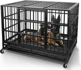 WOKEEN 48/38 Inch Heavy Duty Dog Crate Cage Kennel with Wheels, High Anxiety Indestructible, Sturdy Locks Design, Double Door and Removable Tray, Extra Large XL XXL