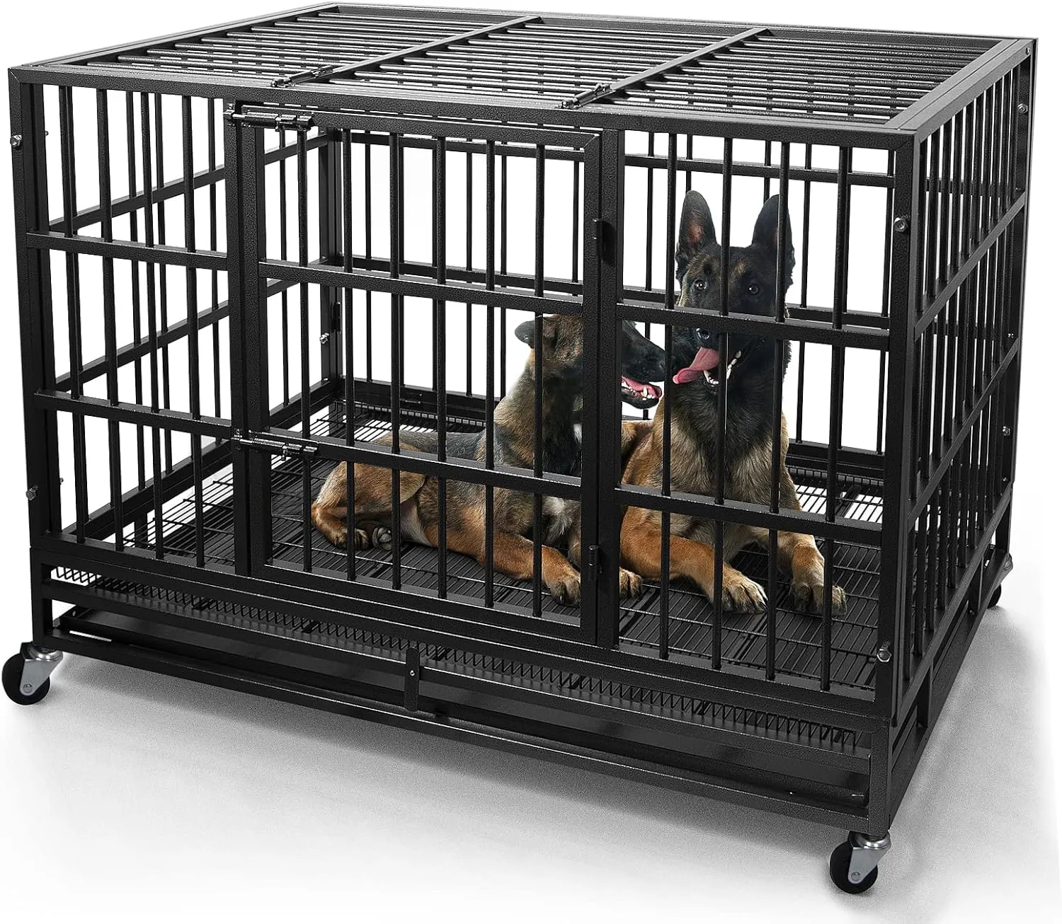 WOKEEN 48/38 Inch Heavy Duty Dog Crate Cage Kennel with Wheels, High Anxiety Indestructible, Sturdy Locks Design, Double Door and Removable Tray, Extra Large XL XXL