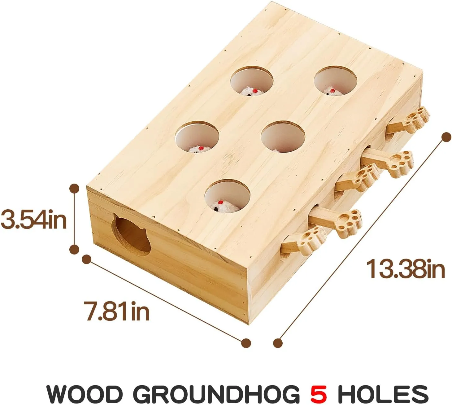 Wooden Whack-a-mole Interactive Cat Toy for Indoor Cats Interactive Pet Toy Box Cat Puzzle Toy for All Ages Cats for Indoor Play Exercise (5 Holes)
