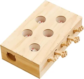 Wooden Whack-a-mole Interactive Cat Toy for Indoor Cats Interactive Pet Toy Box Cat Puzzle Toy for All Ages Cats for Indoor Play Exercise (5 Holes)