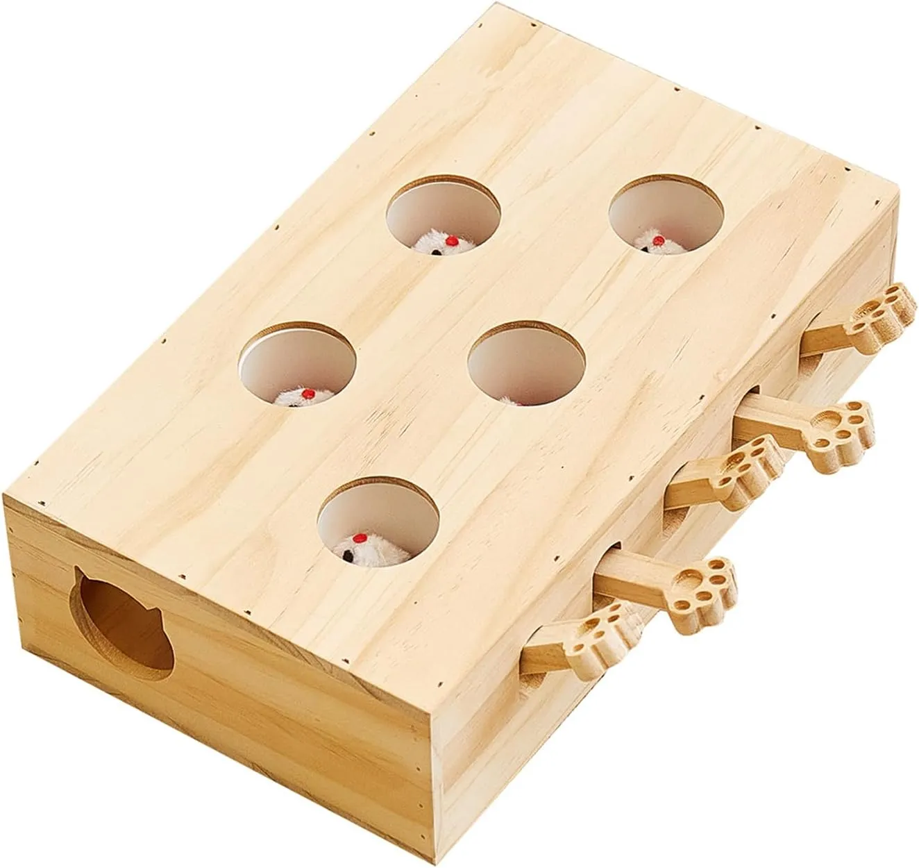 Wooden Whack-a-mole Interactive Cat Toy for Indoor Cats Interactive Pet Toy Box Cat Puzzle Toy for All Ages Cats for Indoor Play Exercise (5 Holes)